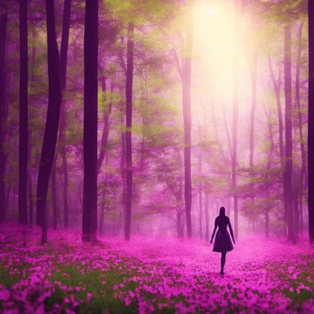 textless, Pretty Woman walking on a path, dreamy bright clearing, daylight, trees, bushes