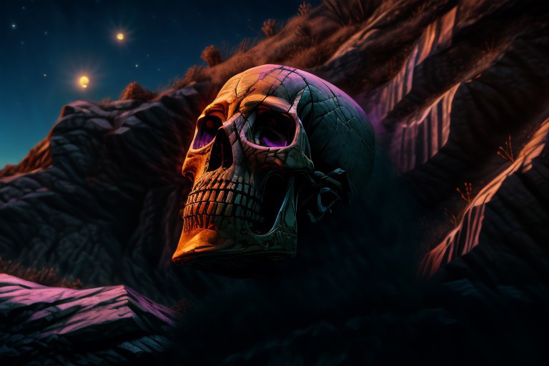 detailed, masterpiece, cliff, moon, night, dark, floating skull, edgy, creepy, purple light, sam yang, skull