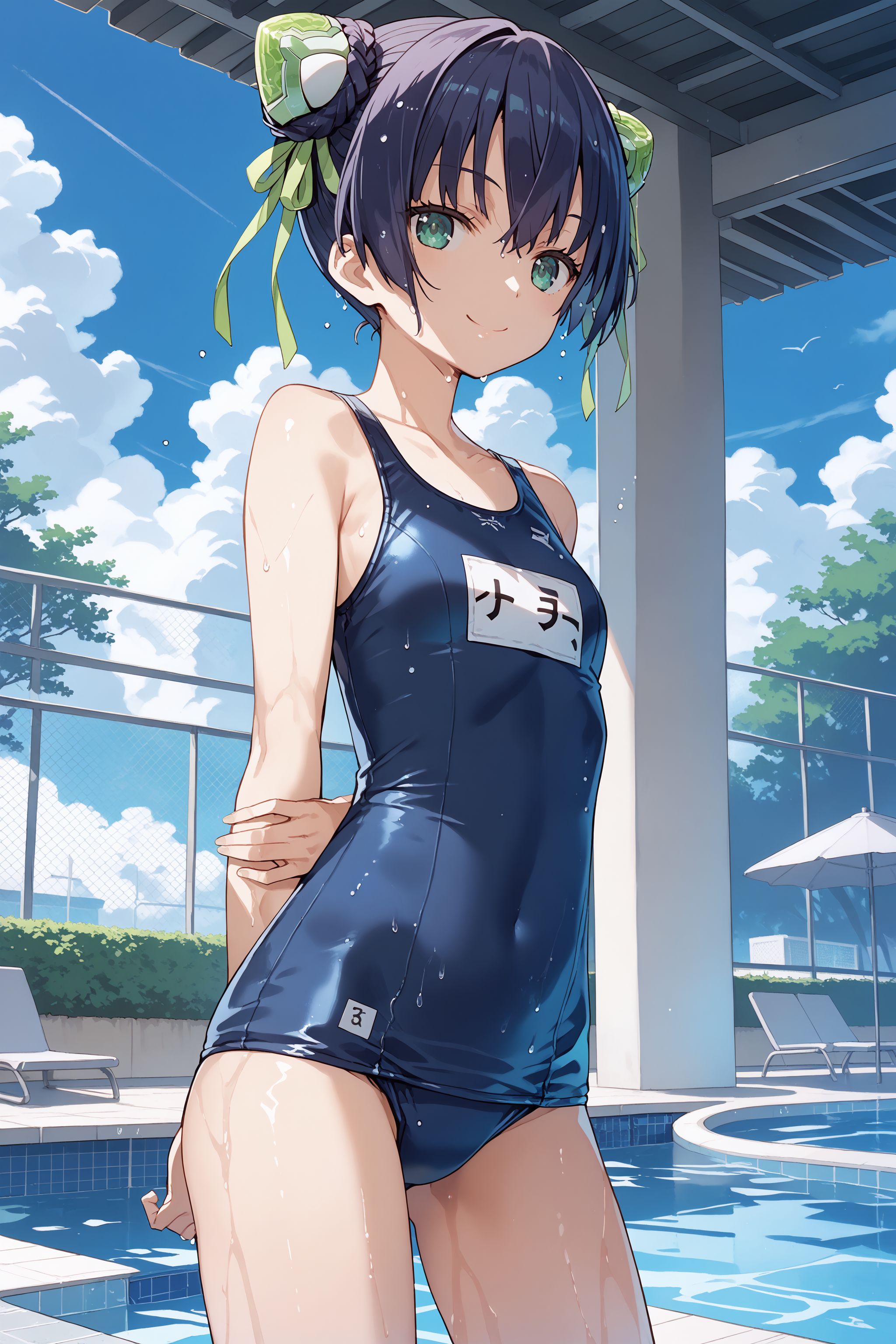 score_max, (score_9, score_8_up, score_7_up:1.0), score_6_up, official art,
masterpiece, absurdres, high detail, 8k,
summer, school, poolside, blue sky, cloud, cowboy shot,
standing, smile, arms behind back, holding own arm,
solo, ddphikari, double bun, bun cover, green ribbon, school swimsuit, wet,
<lora:XL_Pony_gomaotsu-hikari-t1:0.9>