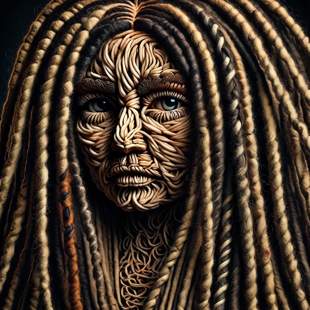 dreadx professional studio portrait of a Mona Lisa dreadlocks, made of intricate dreadlocks, professional lighting, cinematic dark background, dark<lora:dreadx:1>