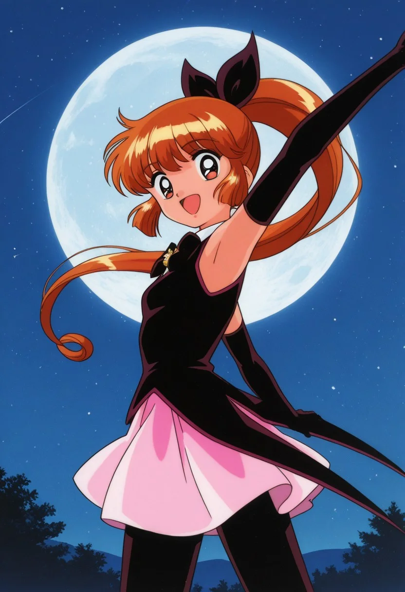 masterpiece, best quality, source_anime,official art,perfect_anatomy,1990s_\(style\),retro_artstyle,saint tail,1girl,long hair,orange hair,ponytail,elbow gloves,skirt,pantyhose,(looking_at_viewer,smile,open mouth),profile,armpits,magical wand,cowboy shot,hip,from behind,close to viewer,night,full-moon
