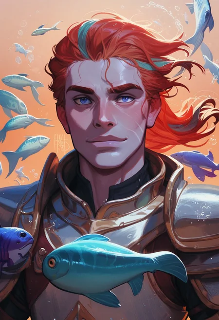 score_9, score_8_up, score_8, score_7_up, score_7, score_6_up, score_6, score_5_up, Score_5, fish, koi fish, fish monster:1.3), (realistic fish, fish), bulging eyes, fish eyes, fish mouth, fins, Atlantean armor, vox machine style, 1boy, male focus, solo, portrait, underwater background, under water shimmering light, fantasy, (dynamic lighting:1.1)
((masterpiece))