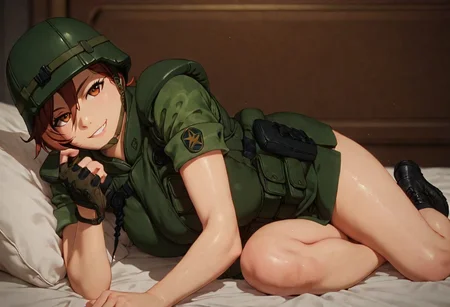 1girl,score_9, score_8_up, score_7_up,score_6_up, Expressiveh, 1dk, score_9, solo, perfection, perfect hands, realism, zoomed out, full body view, smirk, relaxed,
on bed,
shiho, army, vest, helmet,