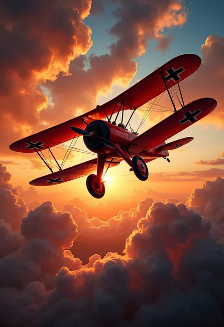 Fokker biplane ww1, red, german world war one cross, vibrant, dynamic, sunset, clouds, masterpiece
