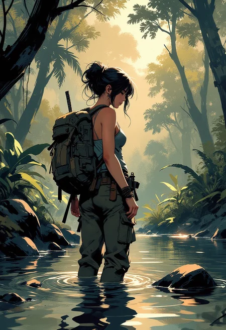 Special Ink-drawing mode, intricate linework with expressive contrasts, Mh1$AgThS2, Inkplash art on rice paper, sepia, henna , Silhouette Art, magnificent, inksplash image of stunning japanese woman, jungle explorer, khaki camisole, cargo pants, wading through shallow lake in rainforest jungle, dappled sunlight