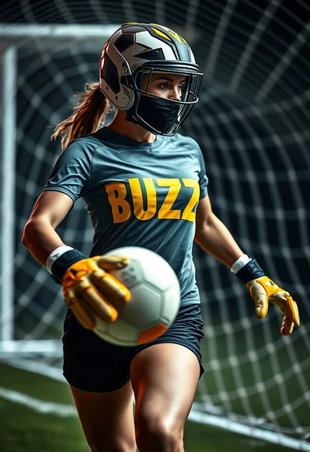 A photo of high-speed soccer ball in motion, with a swirling neon-light vortex effect that forms the word "BUZZ" through the arrangement of light and contrast. In this intense soccer scene, a powerful and graceful woman dons her goalkeeper gloves, helmet, and face mask, socks, and a sleek uniform. She stands poised, wielding her determination like a fencer’s sword, exuding focus and intensity. Large, yellow, bold print on her t-shirt "BUZZ"