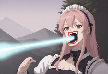 score_9,rating_safe,1girl,solo,CivChan,purple eyes,pink hair,maid dress,shoopdawoop,laser,upper body,source_anime,outdoors