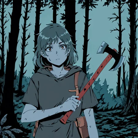 closeup, cute girl, holding axe, in the woods, dark, atmospheric