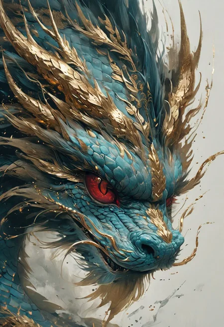 minimalism style, WLOP art style, a character worrior , facial muscles, eye light, dragon behind, cinematic foootage, fantasy, intricate details,8k post production,dark red gold tone blue white green