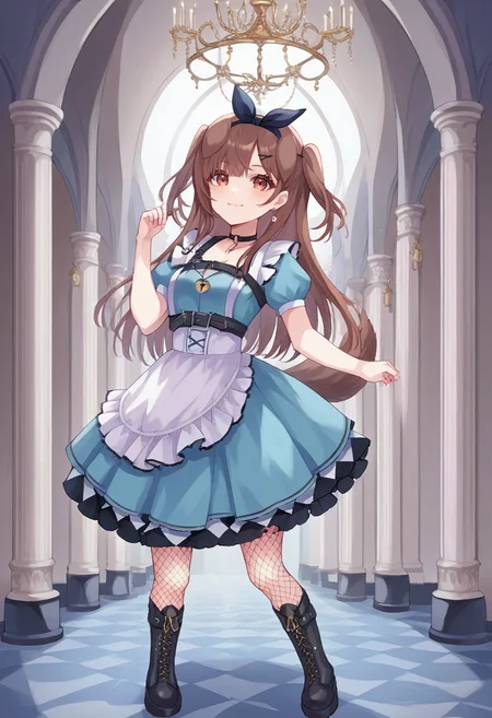 score_9, score_6_up, source_anime, 1girl, solo, full body, mansion, chandelier, korone_wonderland, blue dress, puffy short sleeves, white apron, bow hairband, two side up, hairclip, jewelry, choker, fishnet thighhighs, dog tail, boots, light smile <lora:koroneXL:1>