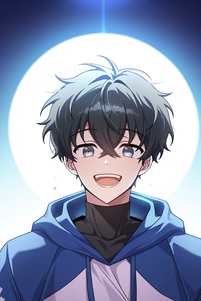 masterpiece, best quality, amazing quality, very aesthetic, high resolution, ultra-detailed, absurdres, newest, scenery, volumetric lighting, depth of field,anime screencap, , , 1boy, solo, male focus, <lora:kim_hajin:0.93>,kim hajin, black hair,grey eyes,short hair,looking at viewer, smile, open mouth, shirt, long sleeves, hair between eyes, upper body, teeth,blue hood, black shirt,shirt turtleneck,high collar, hoodie, hood down, white hoodie,gradient background,