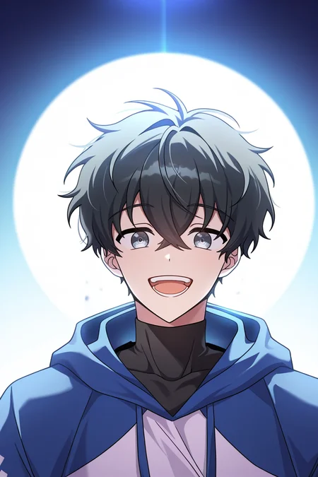 masterpiece, best quality, amazing quality, very aesthetic, high resolution, ultra-detailed, absurdres, newest, scenery, volumetric lighting, depth of field,anime screencap, , , 1boy, solo, male focus, <lora:kim_hajin:0.93>,kim hajin, black hair,grey eyes,short hair,looking at viewer, smile, open mouth, shirt, long sleeves, hair between eyes, upper body, teeth,blue hood, black shirt,shirt turtleneck,high collar, hoodie, hood down, white hoodie,gradient background,