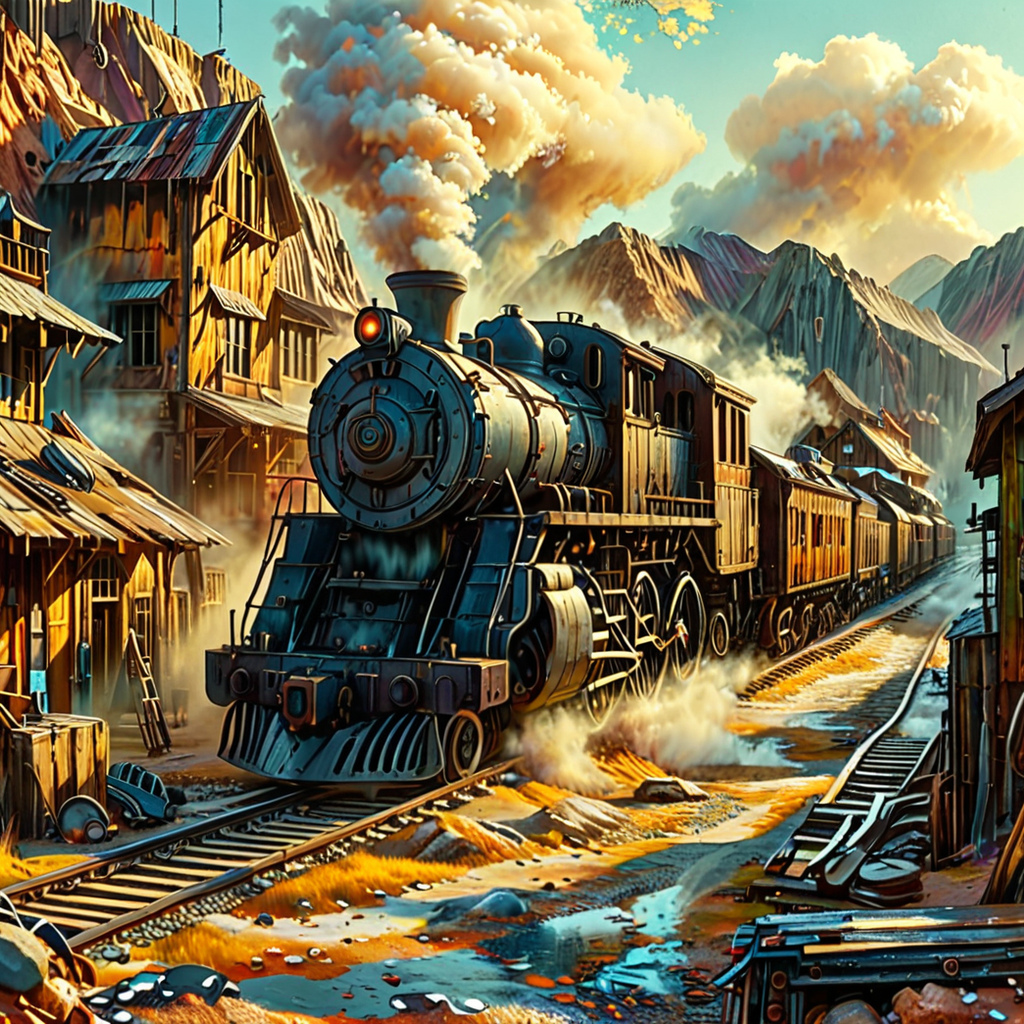a steam locomotive passing by an old ghost town <lora:ral-anmwrlds-sdxl:1> ral-anmwrlds <lora:extremely_detailed:1> extremely detailed , short depth of field, dramatic lighting,  soft colors <lora:MJ52:0.6> oil painting