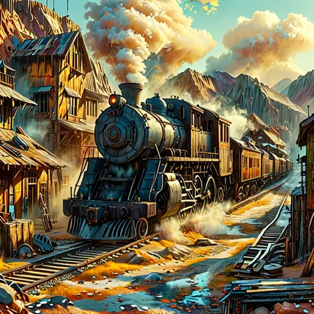 a steam locomotive passing by an old ghost town <lora:ral-anmwrlds-sdxl:1> ral-anmwrlds <lora:extremely_detailed:1> extremely detailed , short depth of field, dramatic lighting,  soft colors <lora:MJ52:0.6> oil painting
