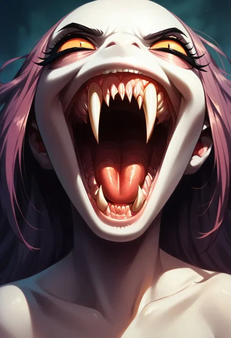 score_9, score_8_up, score_7_up, score_6_up, score_5_up, Perfect Fangs, sharp teeth, 1girl, smile