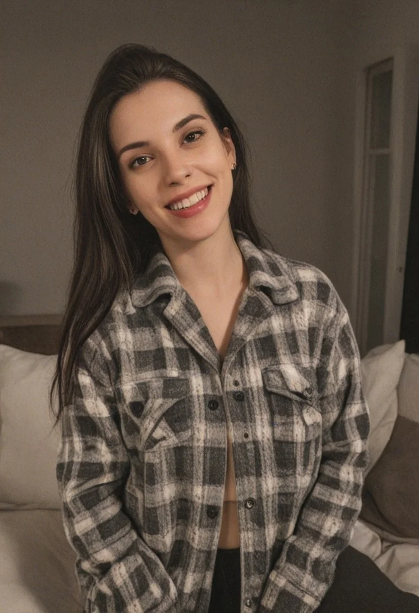 30yo woman wearing Plaid Polar Fleece Shacket with white textures
long black dark hair slick back and smooth. Kissface.
smile. Looking at camera. POV.
happy.
Living room. Fully furnished.
Night time.
Portrait.