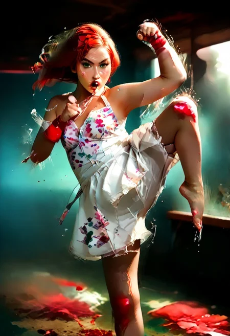 score_9, score_8_up, score_7_up, score_6_up, score_5_up, score_4_up,
BREAK
picture-perfect, best quality, detailed shading, depth_of_field, cinematic lighting, (cowboy view),
BREAK
1girl, kim_pos_V2, kim_pos_V2_face, kim_pos_V2_body, long red hair, 18 years old, (stunning green eyes), (skin detail, freckles, moles on skin:1.4), ((red hair:1.5))
BREAK
1boy, ninja, ninja outfit, shadowed, fighting stance, sword, dodge girl
BREAK
1girl, leaping flying karate kick ninja, feet off ground, ((teep fighting stance,martial arts, incoming attack, ((mid air, dynamic, motion blur, blood splashes)))), jusiki, doing a high jump sidekick, doing a jump sidekick, (((jump at viewer))), perfect makeup, ((random hairstyle, cotton sundress with floral print)),
BREAK
(:1.2),
BREAK
(:1.2)
BREAK
full view shot, (stable, haybales, golden sunlight, detailed multi-layered background),