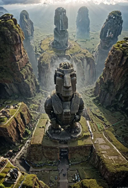 (Moai statue WITH Huge  mecha robots:1.5), 
(Ancient megalithic civilization, Azka Lines, on Easter Island:1.1), (The colonial city of the future, in the mist-filled Grand Canyon, on an unknown Earth-like planet, 2 moon on sky, Spaceship flight connects colonies, waterfulls:1), (Machu Picchu, a mountain settlement, incredibly spectacular:1),  (avant-garde, future, reality, science fiction, photorealistic), White limestone with black granite, fountain, waterfall, landmark, square, path, narrow street, (Large Files, Ultra Realistic, 8K, 16k, FHD, HD, VFX, Perfect, Photography, composition, Architecture Sales Photography, Architecture Competition, Ultra High Resolution, Cinematography, High Resolution Image:1), (dramatic lighting, direct sunlight, ray tracing, clear shadow:1), (real landscape:1), (blurred background:1.0), (urban background, more_details) ,
extremely detailed, industrialbuilding, drdnght machine, spstation, mayamaze, caveruinsAerial