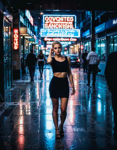 (real life, cinematic, 1girl, cute, gorgeous blonde white 18yo girl, ponytail, alluring face, sexy, makeup, (wide hips, big ass), pencil skirt), dynamic pose, score_7_up, score_8_up, score_9_up, detailed beautiful futuristic cityscape, bloom, rim lighting, <lora:Beautiful face_alpha1.0_rank4_noxattn_last:.78>, <lora:Neon_Scene:0.88> neonscene, reflection, glowing, neon light everywhere, neon lights, neon light streaks, darkness, noise offset, wet ground, light reflection, (neon sign text "NEON")
