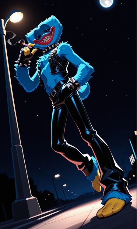 huggy_wuggy, no nose, masterpiece, amazing quality, ultra-detailed, no humans, male focus, furry male, 1boy, solo, blue fur, yellow hands, yellow feet, red lips, blue tail, black eyes, sharp teeth smile, parted lips, half-closed eyes, narrowed eyes, spiked collar, leather vest, open vest, midriff, leather pants, lowleg pants, fingerless gloves, spiked bracelet, punk, barefoot, full body, low-angle view, from below, looming, hand up, holding cigarette, smoke, hand in pocket, looking at viewer, looking down, body fur, fluffy body fur, extra fluffy, chest tuft, shoulder tuft, lanky, broad shoulders, pectorals, skinny, long arms, full body, hand feet, deer tail, dutch angle, shaded face, from side, side view, leaning, foot up, standing on one leg, eye shine,
BREAK
colorful, outdoors, night, lamppost, dark, backlighting, star (sky), full moon,
score_9, score_8_up, score_7_up, score_6_up,