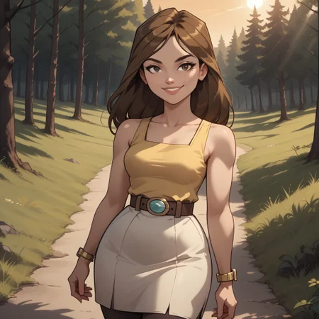 score_9, score_8, BREAK, solo, brown hair, lips, yellow sleeveless top, belt, white skirt, black high heel boots, yellow bracelet, breasts, total drama, Taylor_(Total_Drama), sexy pose, self portrait, smile, outdoors, sunlight, shadows, evening lighting, natural lighting, forest, trees, grass, orange sky, sunset