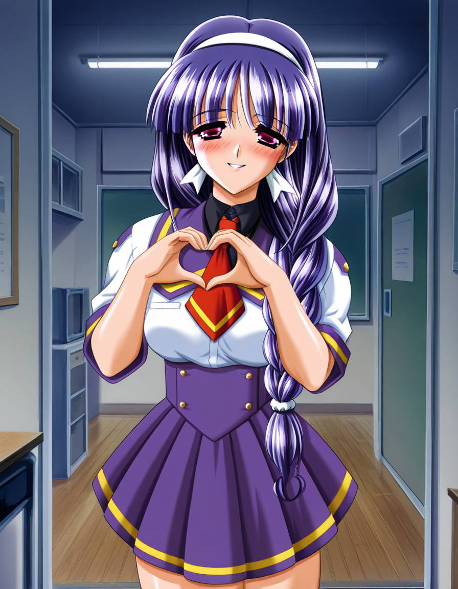 masterpiece, best quality, amazing quality, very aesthetic, absurdres, official art, ultra detailed,
1girl, solo, iida_kaname, purple hair, long hair, hairband, braid,  BREAK
school uniform, skirt, 
blush, seductive smile, parted lips, looking at viewer, 
standing, heart hands, 
in room, upper body, deep contrast of light and dark, sharp focus, depth of field, highly detailed <lora:iida kaname v1.0-000015:1>