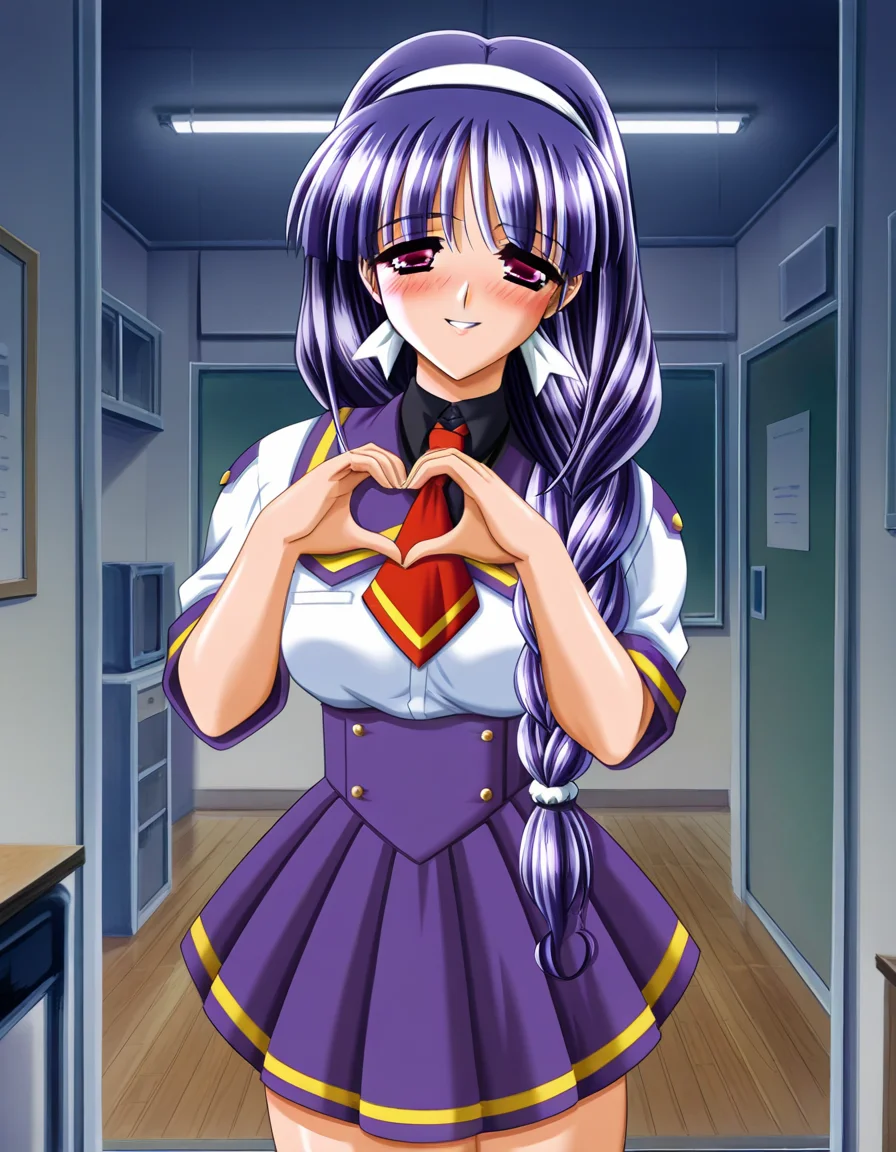 masterpiece, best quality, amazing quality, very aesthetic, absurdres, official art, ultra detailed,
1girl, solo, iida_kaname, purple hair, long hair, hairband, braid, BREAK
school uniform, skirt,
blush, seductive smile, parted lips, looking at viewer,
standing, heart hands,
in room, upper body, deep contrast of light and dark, sharp focus, depth of field, highly detailed <lora:iida kaname v1.0-000015:1>