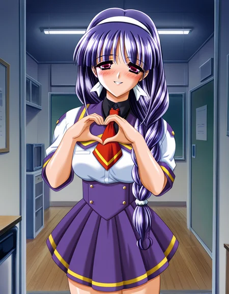 masterpiece, best quality, amazing quality, very aesthetic, absurdres, official art, ultra detailed,
1girl, solo, iida_kaname, purple hair, long hair, hairband, braid, BREAK
school uniform, skirt,
blush, seductive smile, parted lips, looking at viewer,
standing, heart hands,
in room, upper body, deep contrast of light and dark, sharp focus, depth of field, highly detailed <lora:iida kaname v1.0-000015:1>