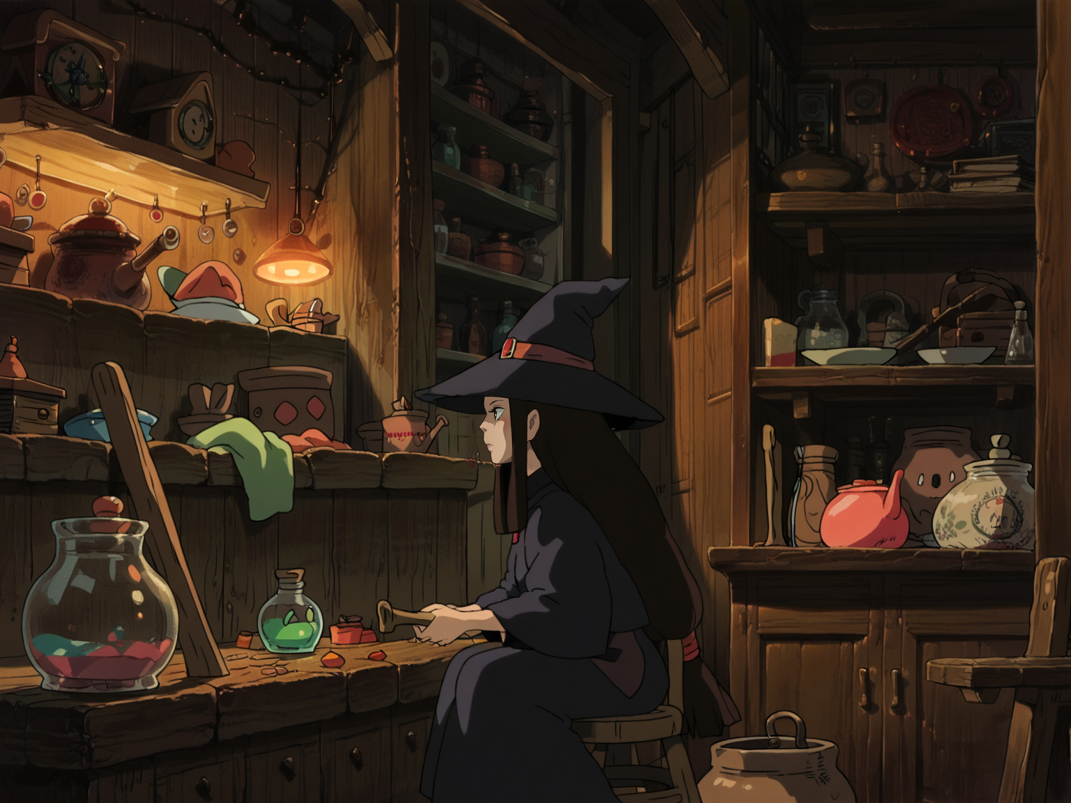 1girl, witch, black witch hat, long hair, black hair, black robe, sitting, witch house, indoors, loaded interior, potion, pot, shelves, <lora:StudioGhibliUltimateV3:0.8>, score_9, score_8_up, score_7_up
