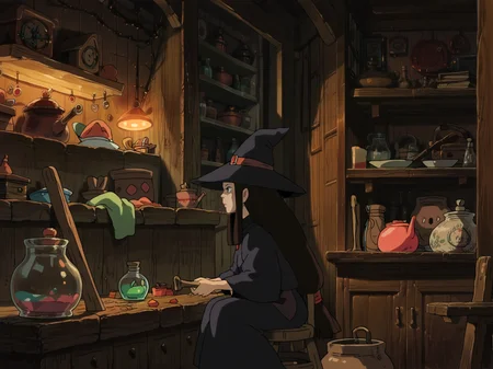1girl, witch, black witch hat, long hair, black hair, black robe, sitting, witch house, indoors, loaded interior, potion, pot, shelves, <lora:StudioGhibliUltimateV3:0.8>, score_9, score_8_up, score_7_up