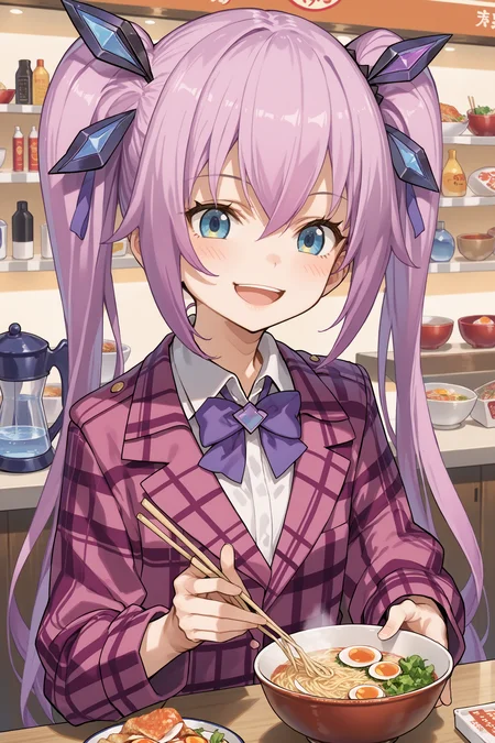 score_max, (score_9, score_8_up, score_7_up:1.0), score_6_up, official art,
masterpiece, absurdres, high detail, 8k,
ramen shop, counter, upper body,
sitting, eating ramen, holding chopstick, cup, water pitcher, steam, smile, open mouth, blush,
ddpsaya, long hair, twintails, hair ornament, hair ribbon, collared shirt, bowtie, purple bow, plaid jacket, purple jacket,
<lora:XL_Pony_gomaotsu-saya-t2:1>