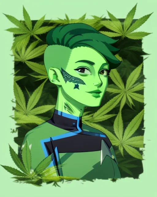 <lora:tendi-Lora:1> a digital painting of tendi with green skin (made out of marijuana leaves:1.3) wearing a starfleet uniform in the shape of marijuana leaves, weed goddess, cannabis dream, marijuana leaf pattern in the background