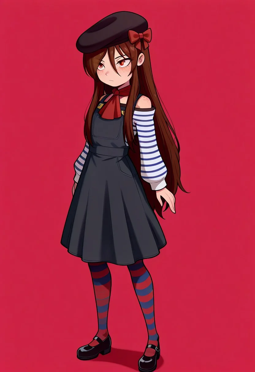 masterpiece, best quality, absurdres, anime screenshot, 1girl, solo, female focus, Carol_CTO, freckles, brown hair, asymmetrical bangs, long bangs, bangs between eyes, sidelocks, very long hair, hair down, CTO_Fr, beret, black headwear, hat bow, red hat bow, ascot, red ascot, striped shirt, long sleeves, off-shoulder shirt, overall skirt, striped pantyhose, mary janes, black footwear, french flag background, french flag, red background, white background, blue background,