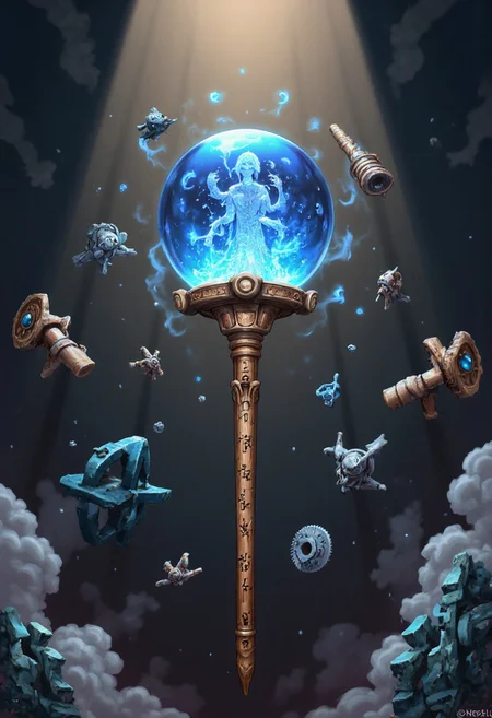 A digital illustration shoot from below about a magical staff with a sphere and gears floating around it. the image also shows intricate details and a mystical atmosphere. on the middle of the image, a wooden staff is the central focus. the staff is intricately designed with runes and symbols, and the sphere is a clear glass sphere with a blue light emanating from it. around the sphere, there are various mechanical elements such as gears, cogs, and other mechanical components floating around, creating a sense of movement and energy. the background is a dimly lit, smoky room with soft, warm lighting, adding to the mystical ambiance. the overall color palette is dark and moody, with a focus on the intricate details of the staff and sphere.
1girl, solo, looking at viewer, blue eyes, indoors, no humans, sphere, magic, staff, magic circle