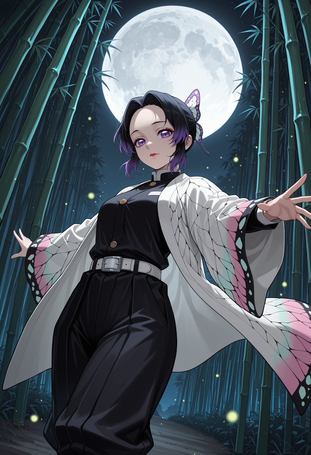 masterpiece, best quality, highres, absurdres, very awa, 1girl, solo, short hair, forehead, multicolored hair, black hair, purple hair, red lips, , outdoors, (bamboo forest), full moon, night, wind, spread arms, outstretched arms, dutch angle, foreshortening, purple eyes, butterfly hair ornament, white haori, butterfly print, black jacket, wide sleeves, white belt, black pants, buttons, puffy pants, fireflies, looking at viewer, closed mouth