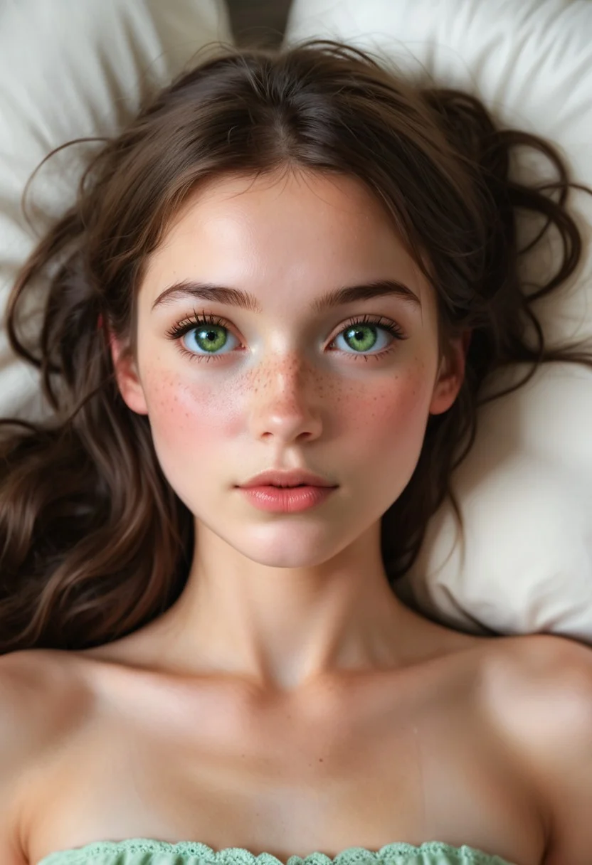 score_9, score_8_up, score_7_up, freckles, brunette girl, long hair, ((((laying her head on a pillow)))), young features, petite, slim girl, ((((close up, full face in view)))), blushing, shy look, innocent look, narrow face, cute girl, detailed face, cute face, adorable eyes, hazel green eyes, small narrow nose, supermodel, slim body, skinny body, ((((small breasts)))), cinematic shot, dynamic lighting, 75mm, Technicolor, Panavision, cinemascope, sharp focus, fine details, 8k, HDR, realism, realistic, film still, cinematic color grading, depth of field, beautiful, extremely detailed background, girl bedroom background