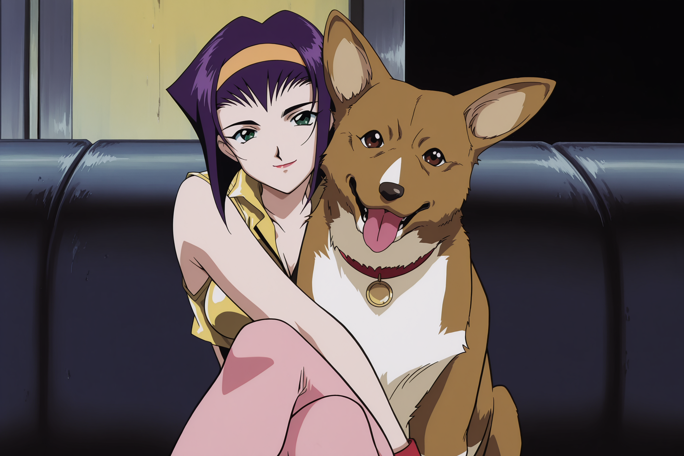 anime screencap, anime coloring, detailed face, perfect fingers, masterpiece, best quality, very aesthetic, absurdres,, volumetric lighting, 1990s (style), retro artstyle,
 <lora:Faye_Valentine_and_Ein_Cowboy_Bebop_-_Illustrious_V2:1>,Faye normal outfit, 1girl,, purple hair, green eyes, sitting, thighhighs, hairband, crossed legs, short hair, retro artstyle, pink thighhighs, 1990s (style), Faye Valentine (character), looking at the viewer, sexy smile, eyelids half closed,
Ein (dog), dog, solo, no humans, tongue out, animal focus, tongue, collar, looking at viewer, animal, brown eyes, red collar, Pembroke Welsh Corgi, happy-looking dog, looking at the viewer
