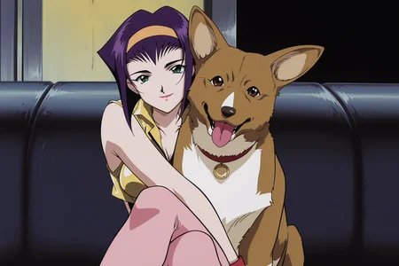 anime screencap, anime coloring, detailed face, perfect fingers, masterpiece, best quality, very aesthetic, absurdres,, volumetric lighting, 1990s (style), retro artstyle,
<lora:Faye_Valentine_and_Ein_Cowboy_Bebop_-_Illustrious_V2:1>,Faye normal outfit, 1girl,, purple hair, green eyes, sitting, thighhighs, hairband, crossed legs, short hair, retro artstyle, pink thighhighs, 1990s (style), Faye Valentine (character), looking at the viewer, sexy smile, eyelids half closed,
Ein (dog), dog, solo, no humans, tongue out, animal focus, tongue, collar, looking at viewer, animal, brown eyes, red collar, Pembroke Welsh Corgi, happy-looking dog, looking at the viewer