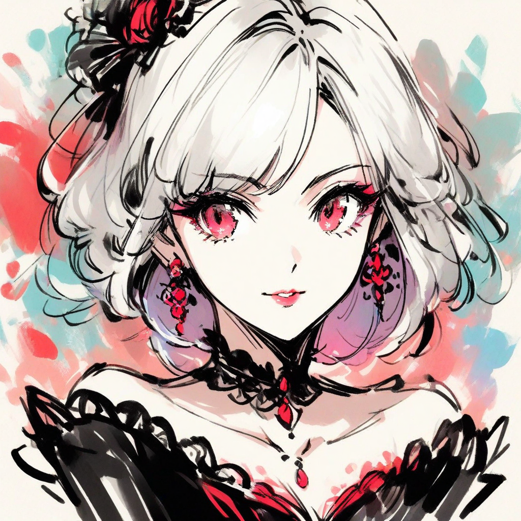 inksketch, a portrait of a woman, colorful, full body, beautiful red and black dress