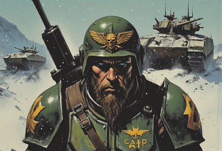 The image is a digital painting depicting a rugged,brutal bearded man in a warhammer 40k military uniform. He is wearing a green helmet adorned with a shiny golden emblem featuring a skull and wings, suggesting a connection to a specific military unit or faction. The helmet has a visor, which is slightly raised, revealing his intense expression. Snowflakes are visible in the air, indicating a cold, wintry environment. 
The man's armor  is predominantly green and scratched , suggesting he is experienced warrior. He carries a large, black rifle slung over his shoulder, and the barrel pointing towards the left side of the image. His face is covered with a thick beard with scar across her cheek, and his piercing blue eyes are focused intently forward, conveying a sense of steadfastness and fury.
The Cadian insignia on his worn armor gleams amidst the dirt and grime.
The background features a battle tank with large, snow-capped advanced military base in the distance. The snow is falling heavily, creating a sense of urgency and isolation. The colors in the painting are muted and cold, with shades of green, grey, and white dominating. The overall mood is one of tension and resilience in a hostile environment. colorful, vibrant colors,color contrast,light particles, high saturation,deep rich colors,vivid colors,shimmer,dramatic,centered,depth of field,directional lighting,godrays,low angle,(close-up),warhammer 40k universe, ultra detailed,