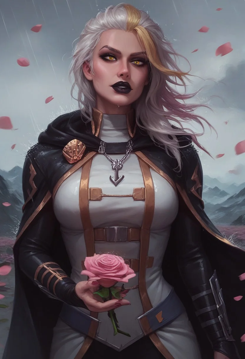 score_9, score_8_up, score_7_up, (realistic:1.2), mysterious girl, alluring goddess,, smooth, very detailed, etra detailed, intricate details, highly detailed, masterpiece, best quality, amazing quality, (wet hair), 1girl, solo, cherry blossoms falling around her, misty mountains in the background, focused and serene expression, Jaina Proudmoore, 1girl, mature female, white hair, blonde hair, yellow eyes, anchor necklace, (half body shot), rain, wind, mountains at the background, (burgundy lightning at the background), black lips, sith lord, star wars, sith, black hood, black cape, hood on head, turtleneck, (total black and dark red clothing),, (close up face), jainapost, (fully clothed), (she holding pink rose:1.3), (looking at self:1.4),,roses, pink roses, roses, rose petals, rose, (dramatic atmosphere), (detailed background)