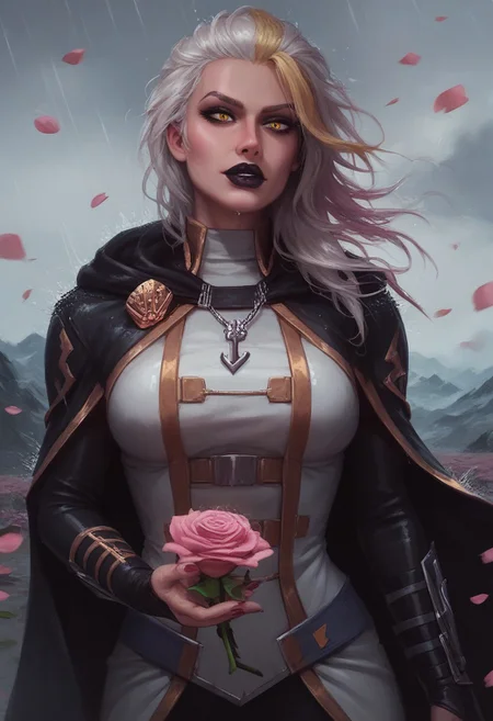 score_9, score_8_up, score_7_up, (realistic:1.2), mysterious girl, alluring goddess,, smooth, very detailed, etra detailed, intricate details, highly detailed, masterpiece, best quality, amazing quality, (wet hair), 1girl, solo, cherry blossoms falling around her, misty mountains in the background, focused and serene expression, Jaina Proudmoore, 1girl, mature female, white hair, blonde hair, yellow eyes, anchor necklace, (half body shot), rain, wind, mountains at the background, (burgundy lightning at the background), black lips, sith lord, star wars, sith, black hood, black cape, hood on head, turtleneck, (total black and dark red clothing),, (close up face), jainapost, (fully clothed), (she holding pink rose:1.3), (looking at self:1.4),,roses, pink roses, roses, rose petals, rose, (dramatic atmosphere), (detailed background)