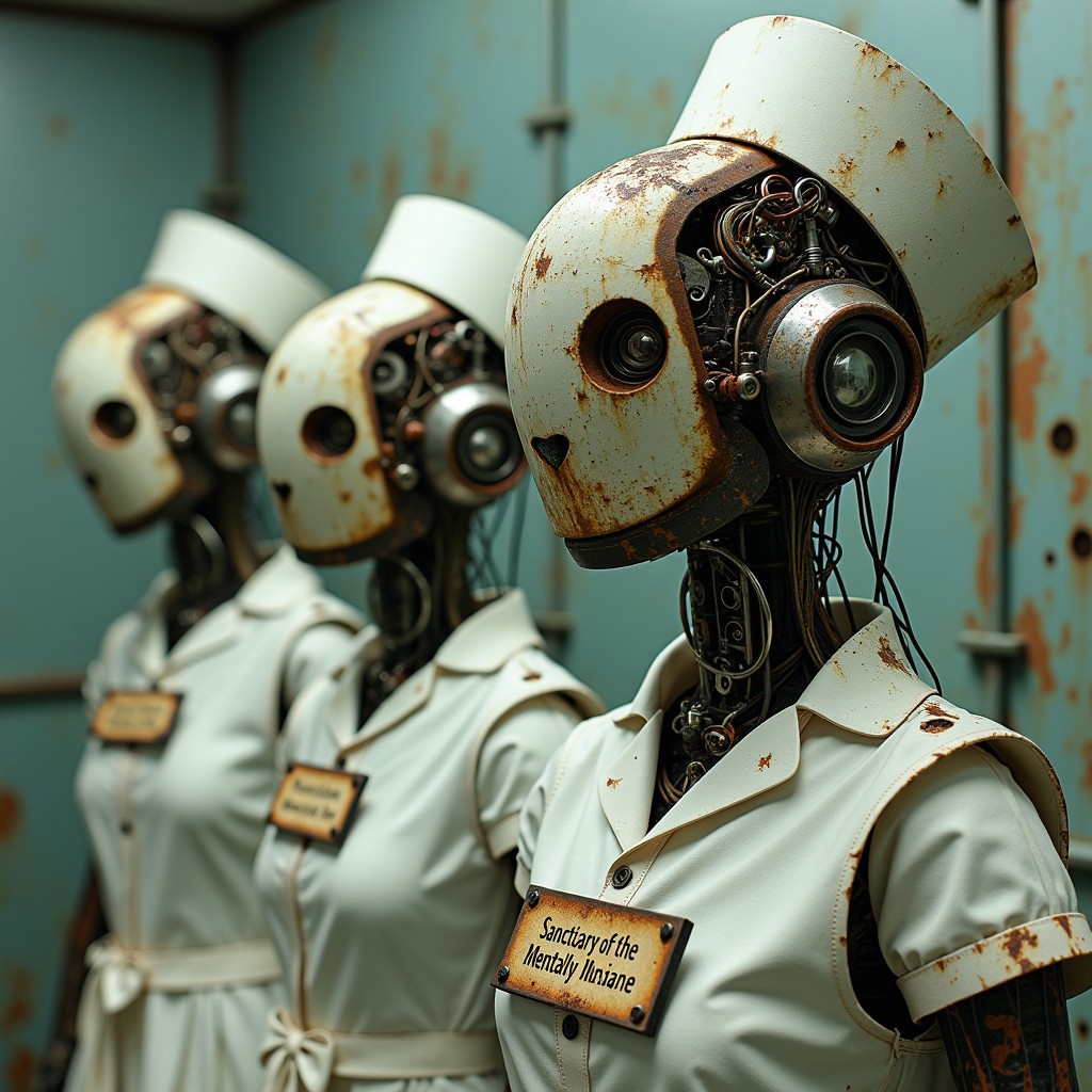 retrofuturistic androids in bizarre nurse-style outfits, their rusted heads revealing circuitry and mechanical parts spilling out, set against a sterile, cold metallic environment. The android bodies are both mechanical and decayed, with heavy rust and glitching electronics. Each android has a worn nameplate on their chest displaying: "Sanctuary of the Mentally Insane".
The aesthetic is surreal, blending cyberpunk dystopia and mechanical decay, utilizing intricate linework and metallic textures.
Style elements draw from industrial design, surreal futurism, and intricate mechanical detailing, rusted decay.
Incorporating the theme of 1970s-80s psychiatry, with elements such as outdated, cold treatment rooms, harshly lit corridors, and the despair that marked this era of mental health care. The overall image combines bleak clinical scenes with an eerily perfect, yet decayed mechanical aesthetic.