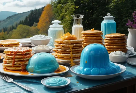 foodphoto, a stack of pancakes made out of slime, slime pancakes, slime syrup, pancakes covered in syrup, a swirl of whipped topping on top of a stack of pancakes, slime whipped cream, plate made of slime, table made of slime,
natural light, no bright spots, 
((translucent slime)), ((transparent slime)), made of water, (bioluminescent slime), sl1m3d, slime, slime-morph, ais-blmn, saturated colors, no creatures, no humans, no monsters, no pokemon, scenery only, scenery,