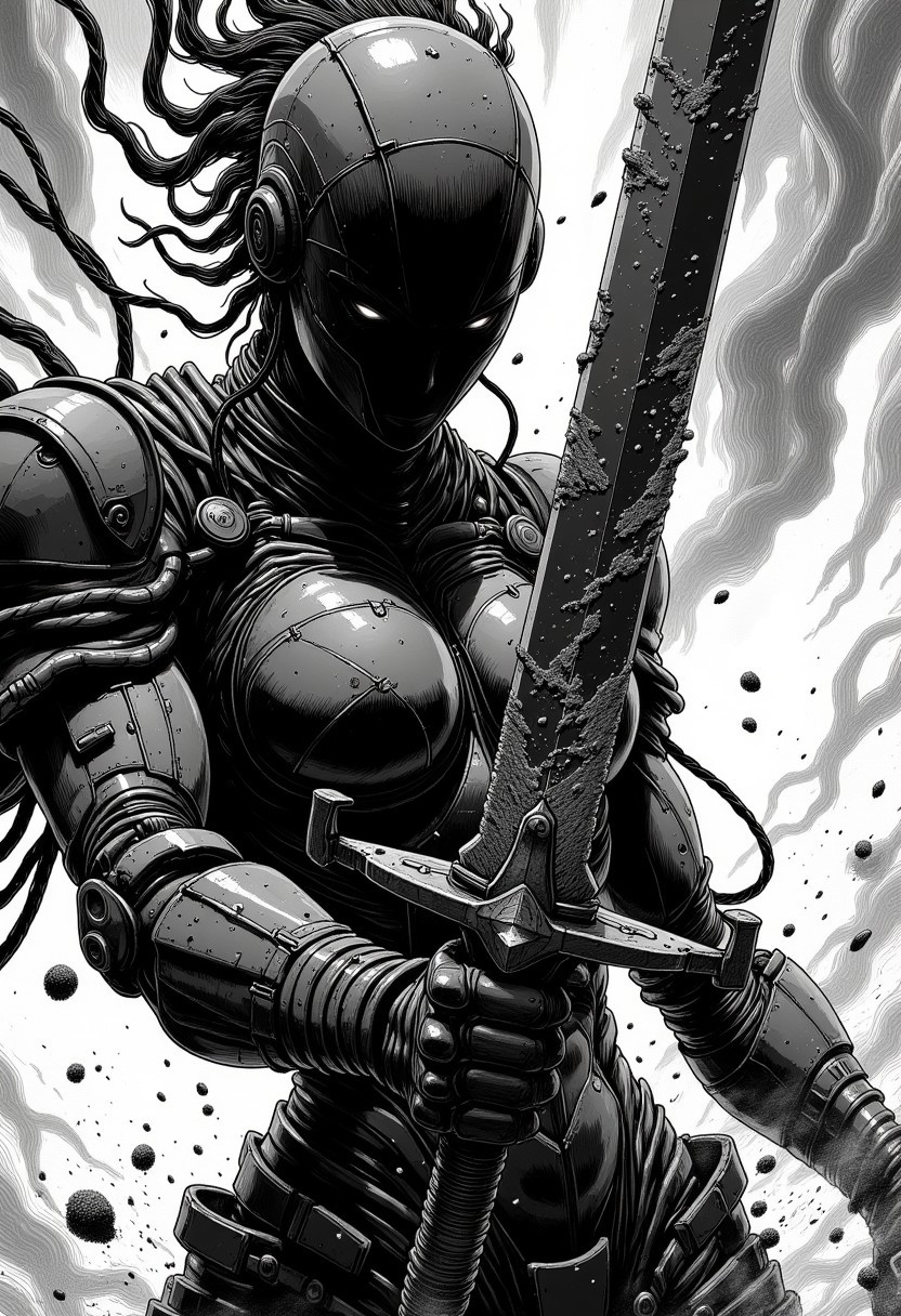 A dynamic manga sketch in black and white, showcasing a desolate female cyborg robot. Her joints are composed of intricate wires, metal, and synthetic materials, partially concealed by remnants of a battered armor plating. She holds a mysterious, powerful sword toward the viewer, which is dramatically disintegrating into dust and being carried away by the wind. High contrast emphasizes her silhouette against a moody, atmospheric background, with cinematic motion lines capturing the swirling dust and movement. The composition is striking, evoking a sense of drama and mystery, with a focus on the cyborg's determined gaze and the fleeting remnants of the sword. R3alisticF