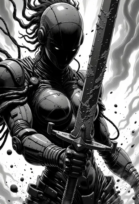 A dynamic manga sketch in black and white, showcasing a desolate female cyborg robot. Her joints are composed of intricate wires, metal, and synthetic materials, partially concealed by remnants of a battered armor plating. She holds a mysterious, powerful sword toward the viewer, which is dramatically disintegrating into dust and being carried away by the wind. High contrast emphasizes her silhouette against a moody, atmospheric background, with cinematic motion lines capturing the swirling dust and movement. The composition is striking, evoking a sense of drama and mystery, with a focus on the cyborg's determined gaze and the fleeting remnants of the sword. R3alisticF