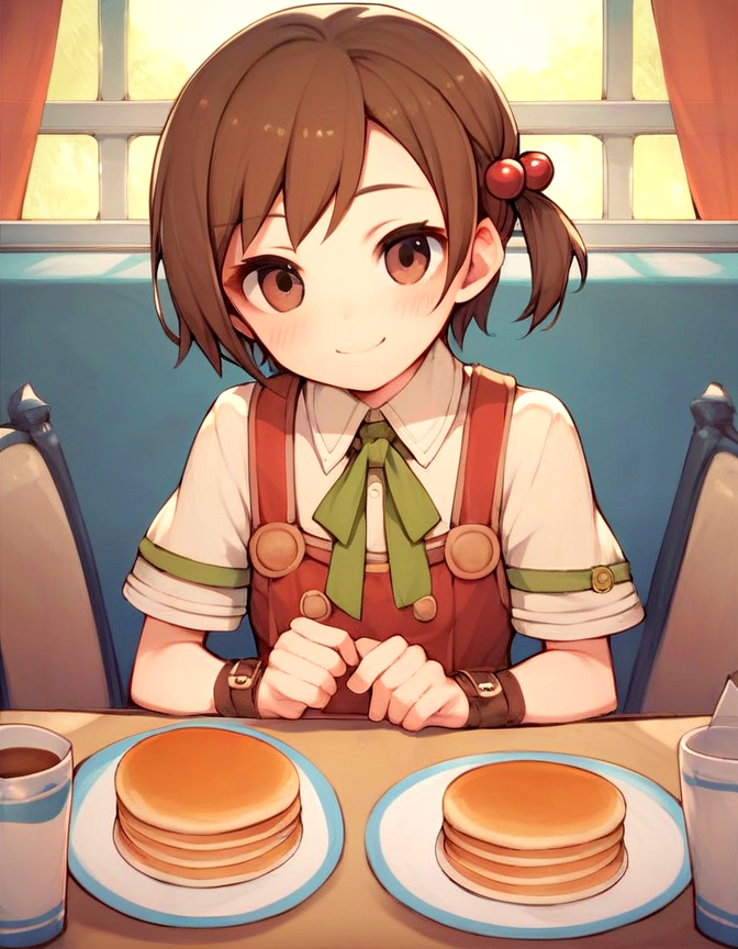 recette, indoors diner, young 1girl, solo, brown hair, hair ornament, short hair, hair bobbles, brown eyes, smile, sitting at table, blushing, bold colors, pancakes, solo, chibi, cute shy smile, recettear