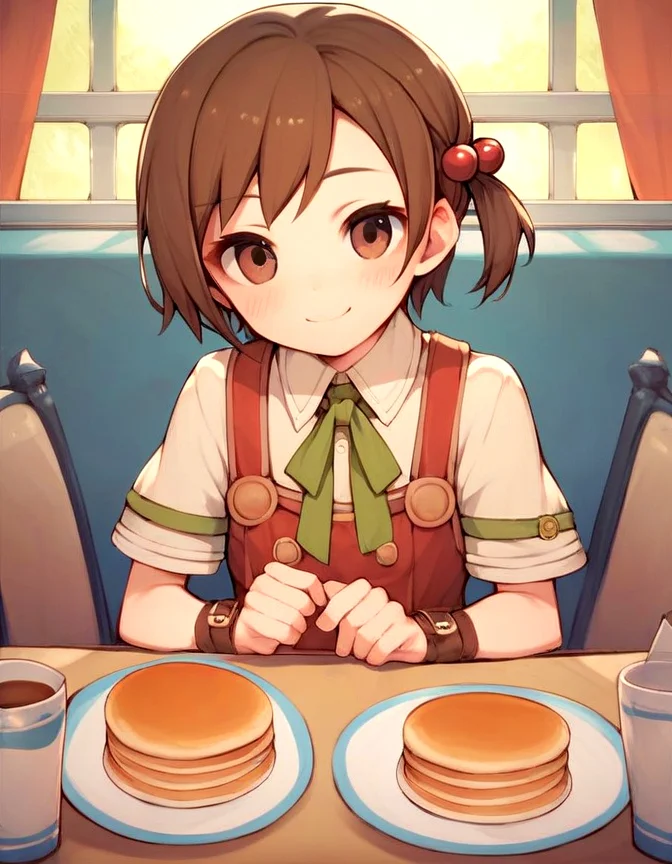 recette, indoors diner, young 1girl, solo, brown hair, hair ornament, short hair, hair bobbles, brown eyes, smile, sitting at table, blushing, bold colors, pancakes, solo, chibi, cute shy smile, recettear