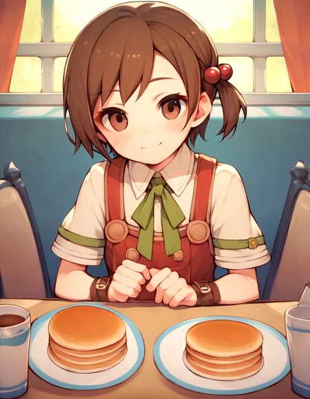 recette, indoors diner, young 1girl, solo, brown hair, hair ornament, short hair, hair bobbles, brown eyes, smile, sitting at table, blushing, bold colors, pancakes, solo, chibi, cute shy smile, recettear