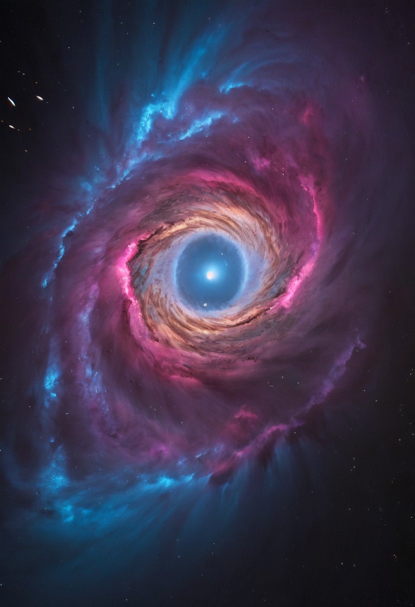 a dynamic and breathtaking image of the universe with vibrant colors and dramatic lighting. Show a swirling nebula in the foreground with bright, intense hues of blue, purple, and pink. In the background, depict a distant galaxy with spiraling arms and scattered stars. Include a supernova explosion, radiating brilliant light, and a mesmerizing black hole at the center, with cosmic debris swirling around it. Add a hint of distant planets and asteroids to create a sense of scale and depth. Make the entire scene feel alive and constantly in motion.